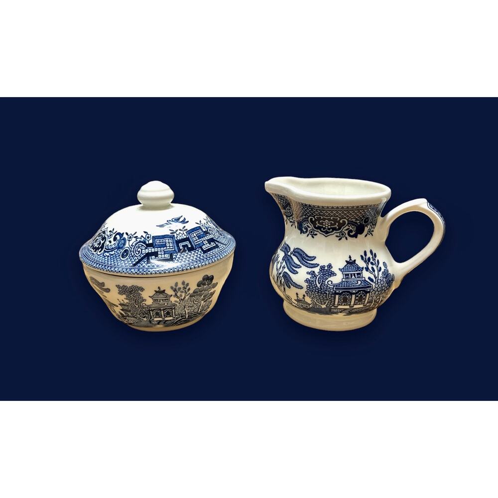 Vintage Churchill Blue Willow Creamer Milk Jug And Sugar Bowl Set With Lid